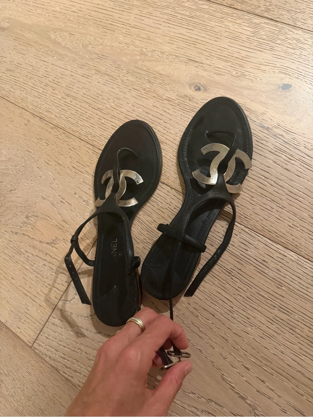 CHANEL Black Leather Sandals with Silver CC Logos